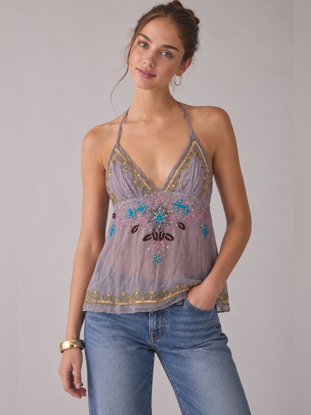 Planet Funk 100% silk embroidered Tunic Babydoll Tank Top Cami Purple Y2K